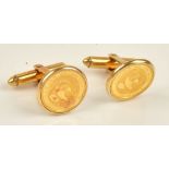 A pair of gold cufflinks, each circular front mounted with a Chinese panda gold coin detailed .