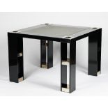 A contemporary black lacquered games table, the square top with grey felt inset and nickel accents,