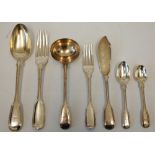 Silver double struck fiddle and thread pattern table flatware, comprising; twelve table forks,