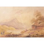 English School, 19th Century, Figures overlooking a lake, watercolour, 21.