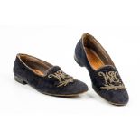 Sir Winston Churchill's monogrammed midnight blue velvet evening slippers, 1950s, of Albert style,