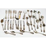 A group of silver flatware, comprising; four fiddle pattern dessert forks,