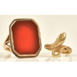 A 9ct gold ring designed as a snake, ring size J and a cornelian seal,