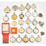A collection of twenty-one mostly keyless wind, openfaced pocket watches, including Services Army,