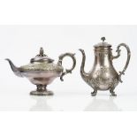 A French silver coffee pot of baluster form, the body with two monogram engraved Rococo cartouches,