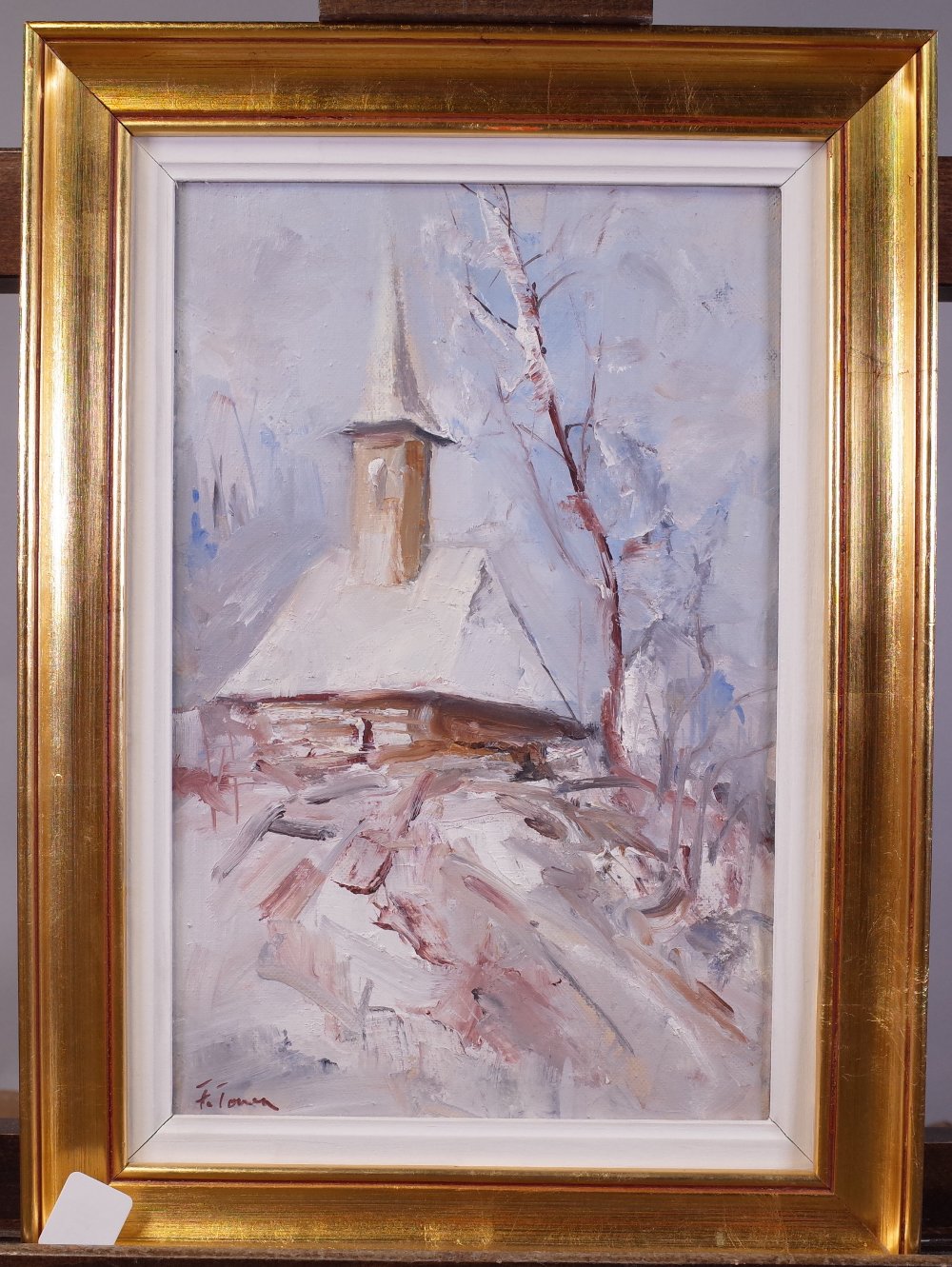 F*** Tonea (20th Century), Romanian village church in the snow, signed 'F Tonea' (lower left), - Image 2 of 2