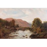 English School, 19th Century, A bridge across a river in a landscape, oil on canvas,