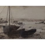 Attributed to Julius Komjati (Hungarian, 1894-1958), Fishing boats at low tide, dry point etching,
