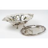 A plated shaped oval twin handled large bowl, with martele decoration,