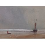 David John Crockett (British, 1923-2009), Wet Sands and Figures at Towyn; Beached boat Aberdyfi,