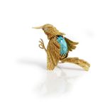 A French gold and turquoise brooch, designed as a bird,
