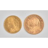 A Swiss gold 20 francs 1949 B and a Swiss gold 10 francs 1922 B, combined weight 9.6gms (2).