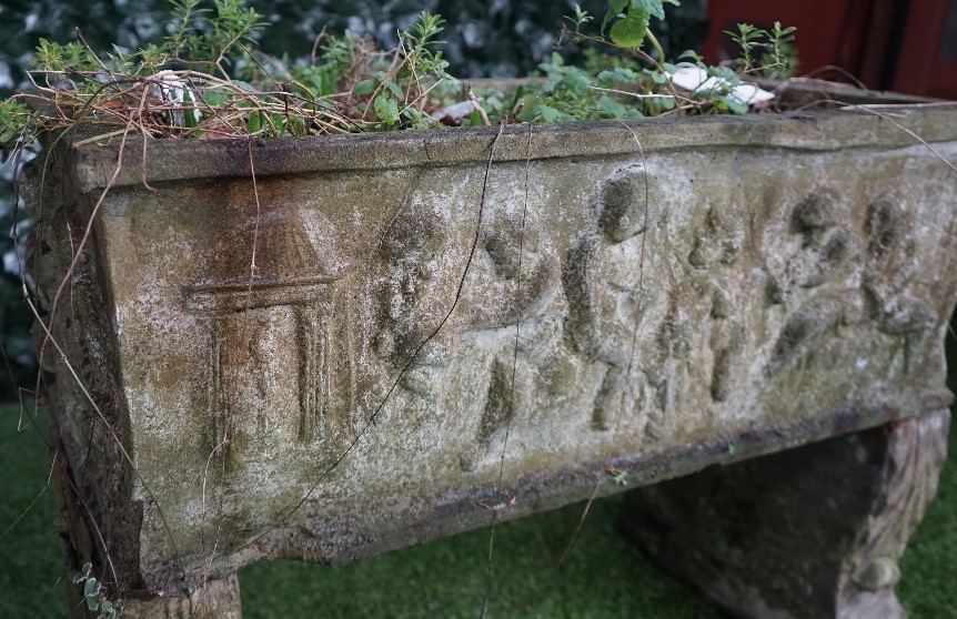 A reconstituted stone rectangular planter relief cast with cherubs resting on a pair of scroll - Image 3 of 5