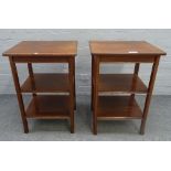 A pair of brass mounted mahogany three tier occasional tables, on canted square supports,