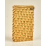 A gold, rectangular cased gas lighter, the case exterior with simulated basket woven decoration,