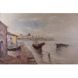 European School, 20th Century, Harbour scene, indistinctly signed (lower right), oil on canvas,