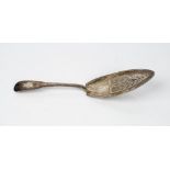 A George III silver fiddle pattern fishslice with pierced decoration, London 1802, weight 118gms.