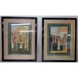 Persian school, 20th century, Sultans in pavilions with courtiers, watercolour and gouache, a pair,