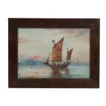 A pair of gouache paintings of Chinese junks at sea, early 20th century, 19cm x 27cm, framed,