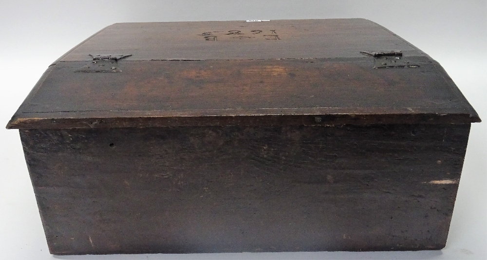 A 17th century oak slope front bible box, detailed E+B 1689, 58cm wide x 23cm high. - Image 3 of 11