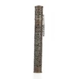 A Tibetan white metal cylindrical scroll holder, pierced with panels of Buddhist emblems, 31.5 cm.