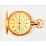 A Waltham gold cased keyless wind hunting cased centre stop seconds pocket watch,