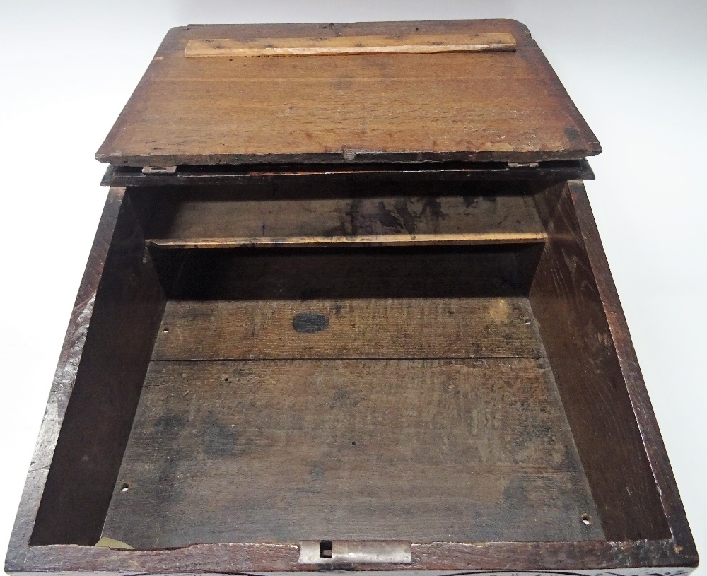 A 17th century oak slope front bible box, detailed E+B 1689, 58cm wide x 23cm high. - Image 6 of 11