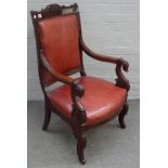 A Louis Philippe mahogany framed open armchair on capped sabre supports, 60cm wide x 102cm high.