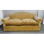 A hump back two seat sofa, in striped green/gold upholstery, 200cm wide x 85cm high.