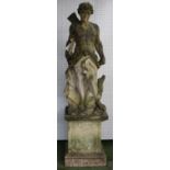 A Vicenza stone figure of a standing Apollo the hunter with bow and dog, on a plinth base,
