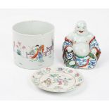 A Chinese porcelain figure of Budai, 20th century, modelled seated holding a string of beads,