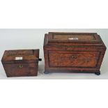 A William IV mahogany sarcophagus tea caddy, with twin lidded interior and split bobbin mounts,