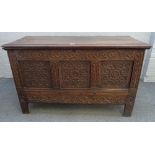 A 17th century and later oak mule chest with single drawer base on stile feet,