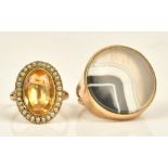 A 9ct gold ring mounted with a circular banded agate, ring size P and a half and a gold,