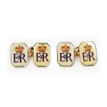 A pair of 9ct gold and enamelled cut cornered rectangular cufflinks,