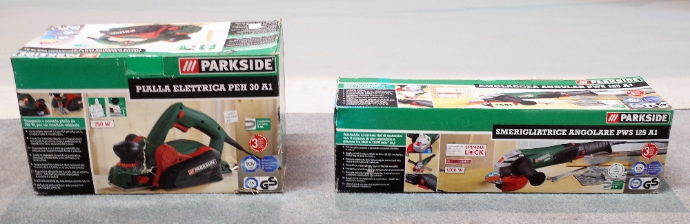 A Parkside angle grinder, boxed and a Parkside electric plane, boxed, (2).