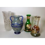 A 20th century blue twin handled glass vase, 30cm high, a modern cut glass vase,