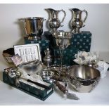 Etains silver plated wares, including; champagne bucket, water jugs, trays, ice bucket and sundry,