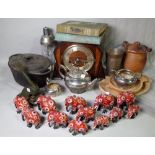 Ceramics and collectables, including; glass decanters, oak mantel clock, silver plated items,