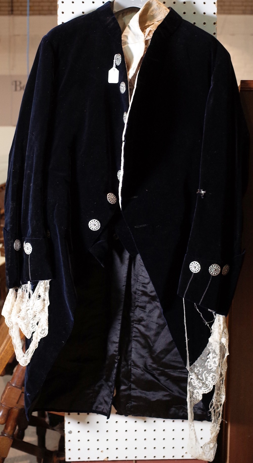 An 18th century style velvet costume, comprising; a waistcoat, jacket, trousers, a pair of gloves, - Image 2 of 11