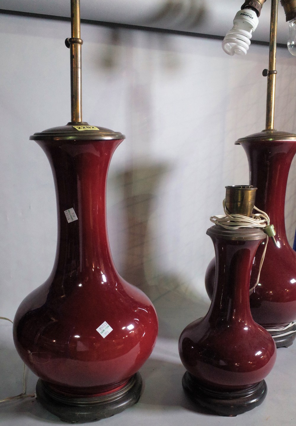 A pair of modern Chinese Sang De Beouf vases, later converted to lamps, 80cm high, - Image 3 of 7