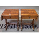 A pair of Regency style mahogany drop flap side tables on lyre supports, 45cm wide x 53cm high, (2).