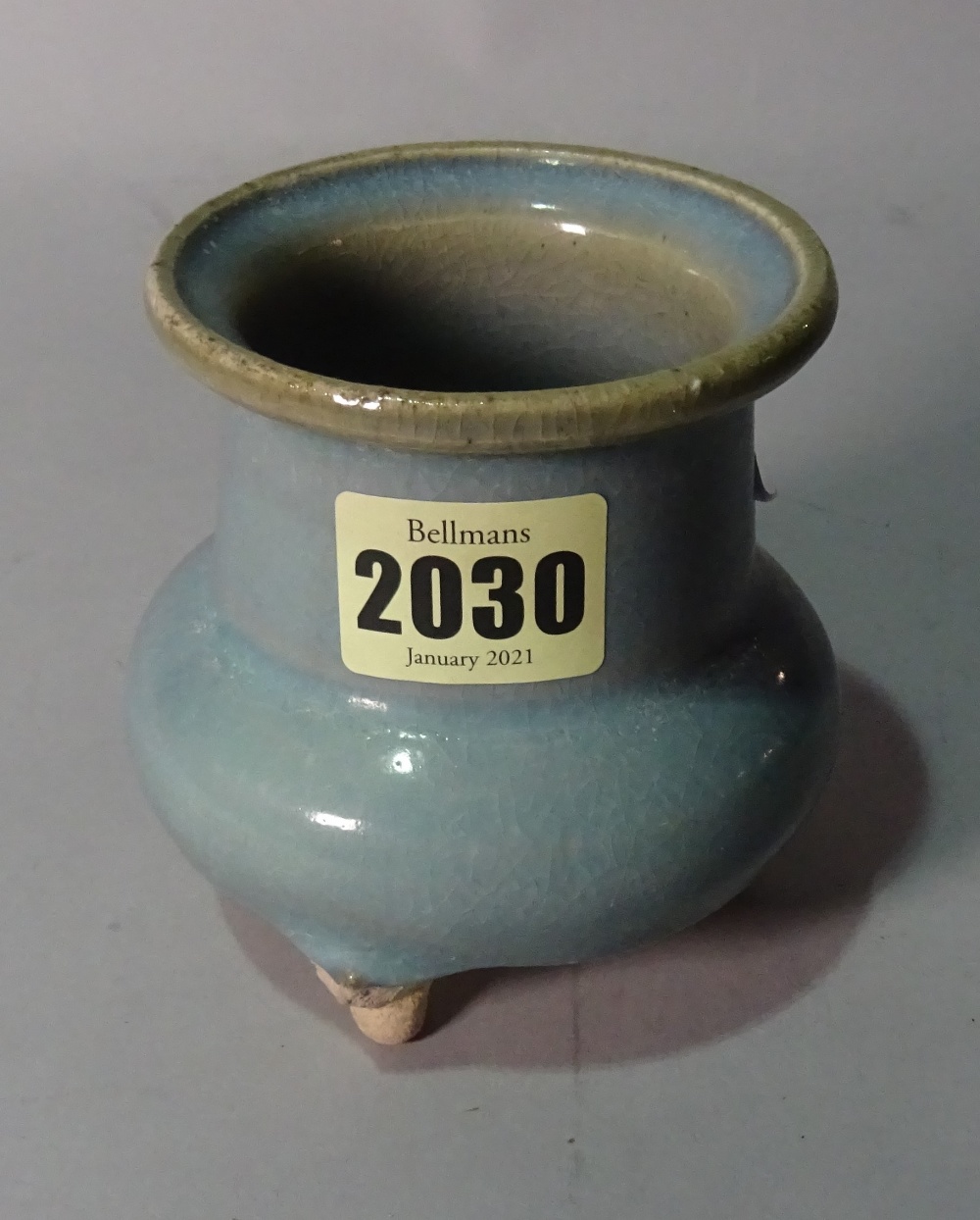 A small Jun type tripod vase, squat form with cylindrical neck and everted rim, 9.5cm. high. - Image 3 of 4