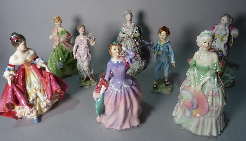 Ceramics, including, two Meissen figures, 19cm high, three Royal Doulton figures of ladies,