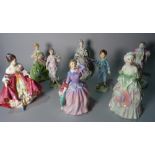 Ceramics, including, two Meissen figures, 19cm high, three Royal Doulton figures of ladies,