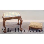 A George II style mahogany rectangular footstool, on ball and claw feet, 53cm wide x 47cm high,