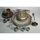 Silver plated wares, including; wine coasters, napkin rings, flatware and sundry, (qty).