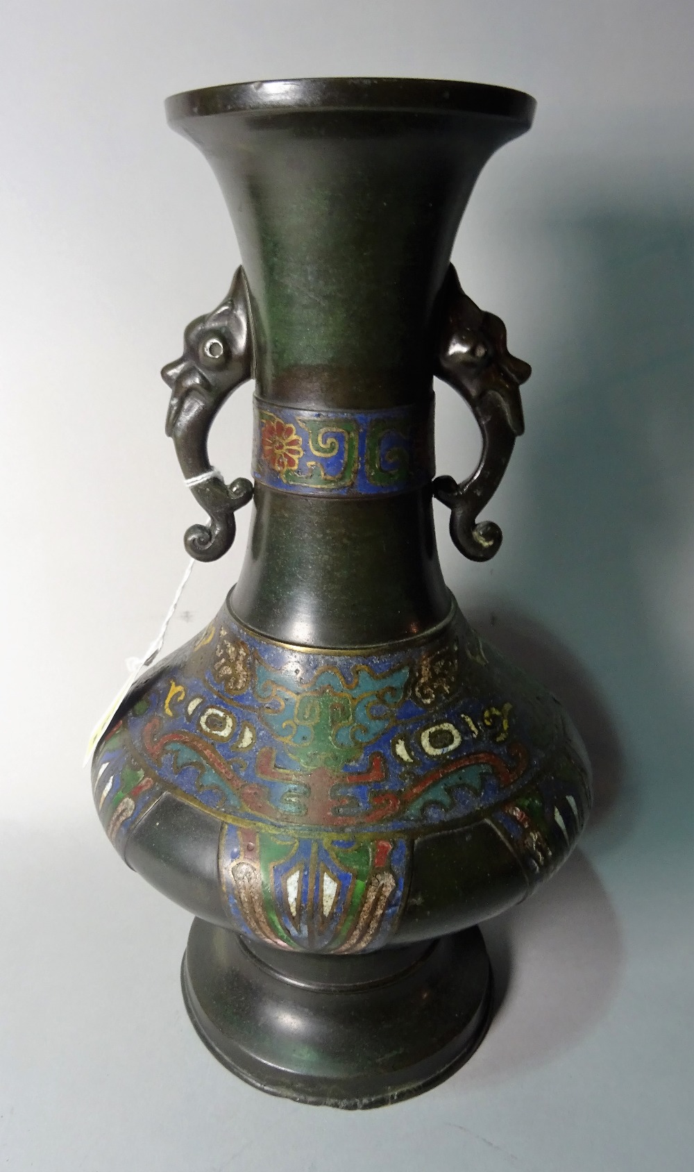 A Chinese bronze and Champlevé enamel two-handled vase,19th century, of bottle form, - Image 3 of 3