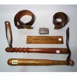 Collectables, comprising; two early 20th century wooden truncheons, 40cm long,