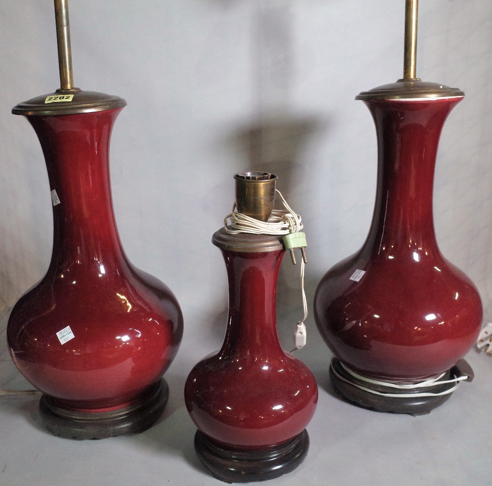 A pair of modern Chinese Sang De Beouf vases, later converted to lamps, 80cm high, - Image 2 of 7